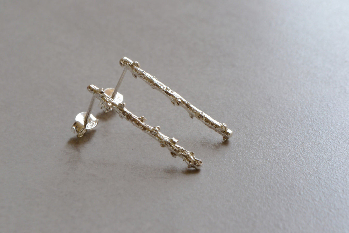 Long Bar Stud Earrings, Tree Branch Twig Earrings, Sterling Silver Minimal Botanical Organic Textured Earrings