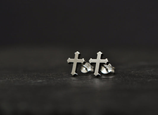 Cross Mens Earrings, Sterling Silver, Gothic Cross Stud Earrings, Minimalist Cross Earrings Christian Jewelry Crucifix