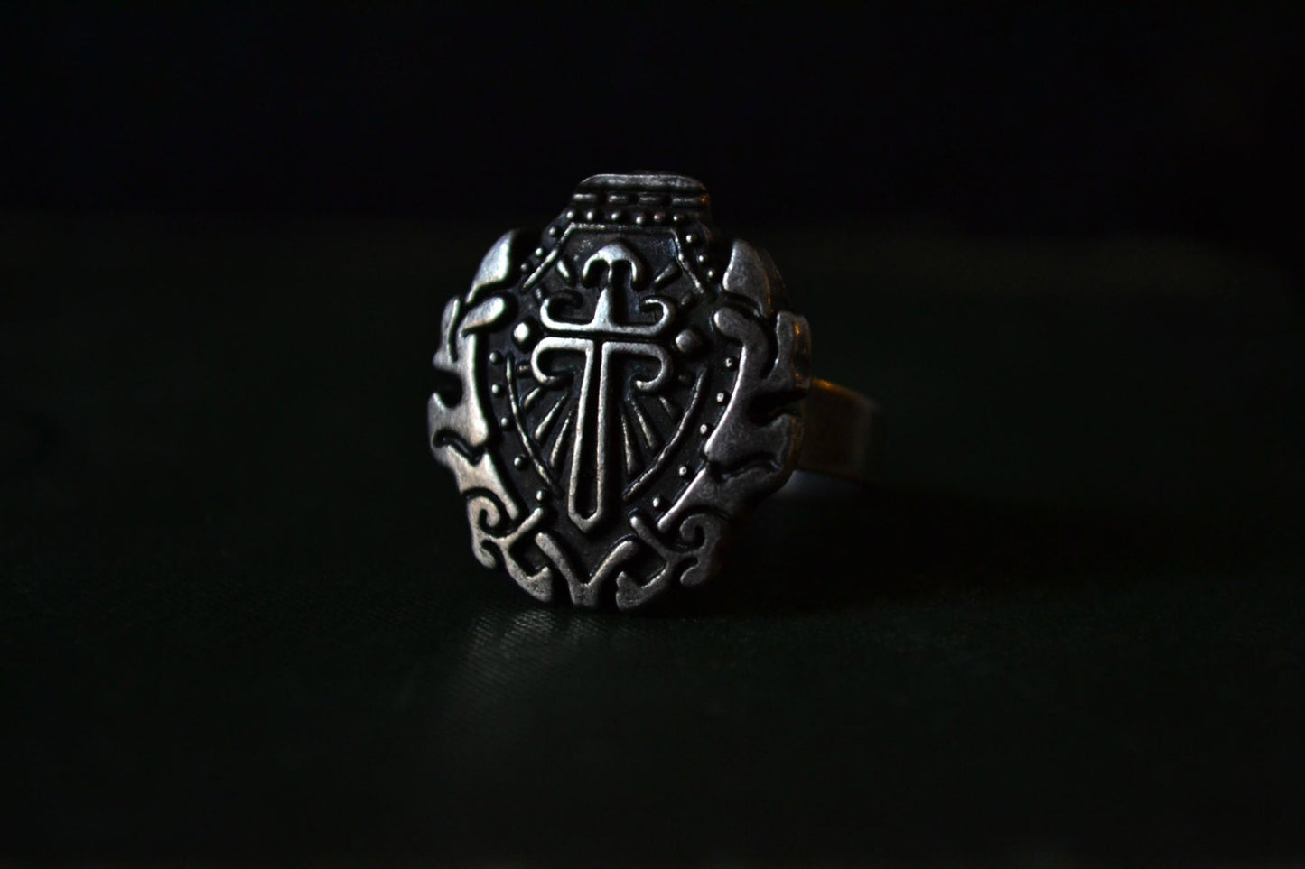 Sterling Silver Gothic Cross Ring Mens Jewelry Medieval Crest Shield in Obscure Dark Black Knight Chevalier