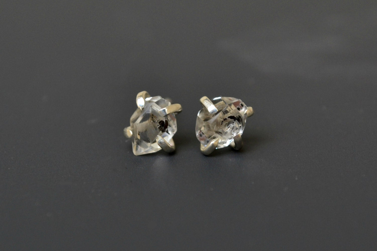 Sterling Silver Raw Herkimer Diamonds Stud Earrings, Minimalist Modern Everyday Post Earrings, Dainty Crystal Earring Studs Wedding Jewelry