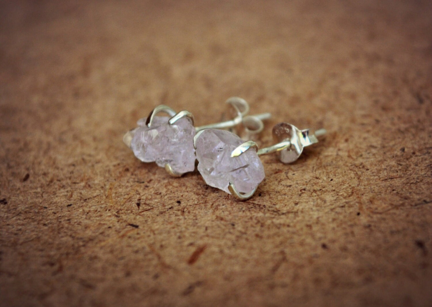 Raw Rose Quartz Stud Earrings Sterling Silver Pink Rough Stone Post Crystal Earrings