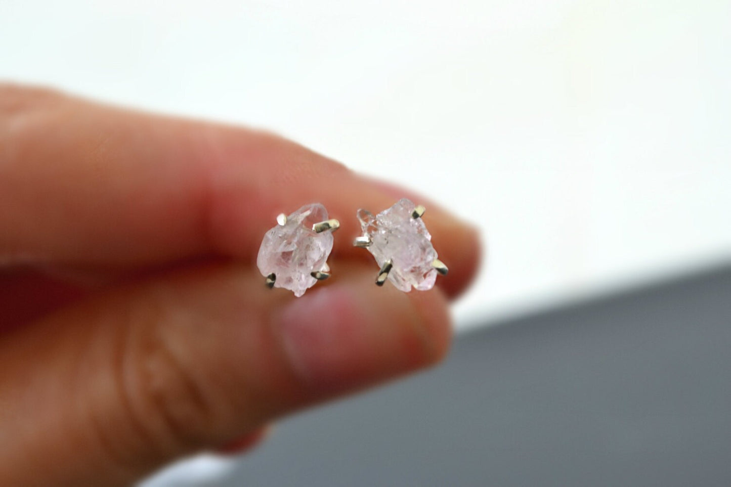 Raw Rose Quartz Stud Earrings Sterling Silver Pink Rough Stone Post Crystal Earrings