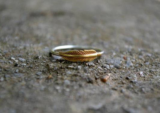 Boho Feather Ring, Sterling Silver Gold Ring, Feather Jewelry, Stacking Midi Knuckle Ring, Girls Dainty Ring