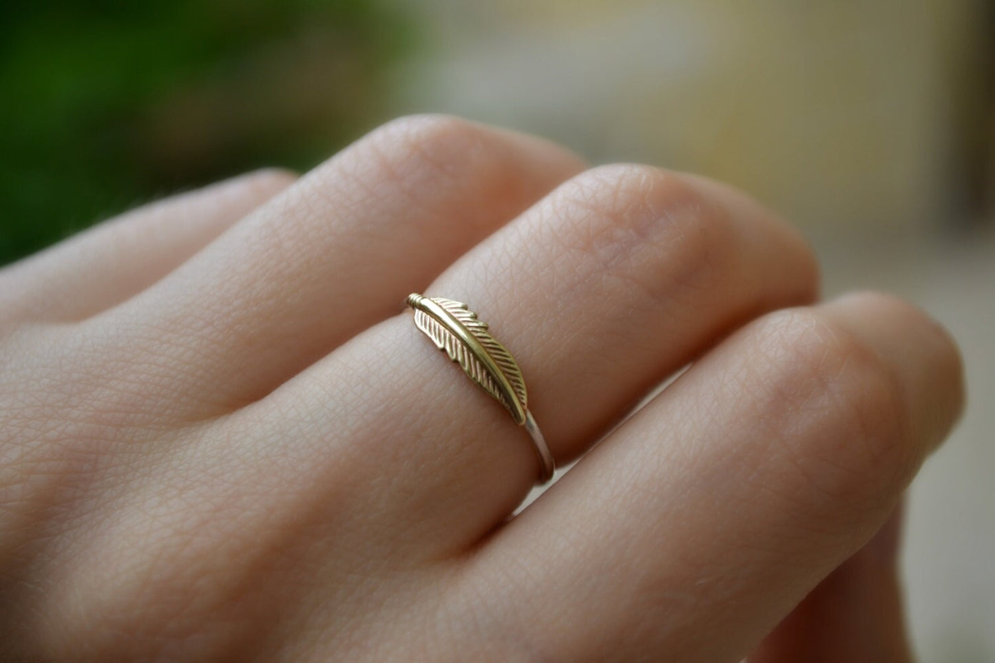 Boho Feather Ring, Sterling Silver Gold Ring, Feather Jewelry, Stacking Midi Knuckle Ring, Girls Dainty Ring