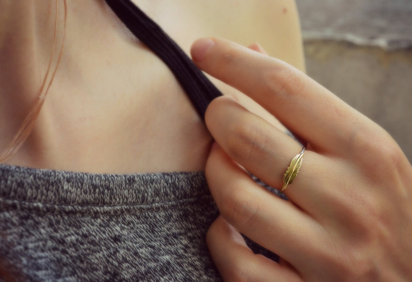 Boho Feather Ring, Sterling Silver Gold Ring, Feather Jewelry, Stacking Midi Knuckle Ring, Girls Dainty Ring