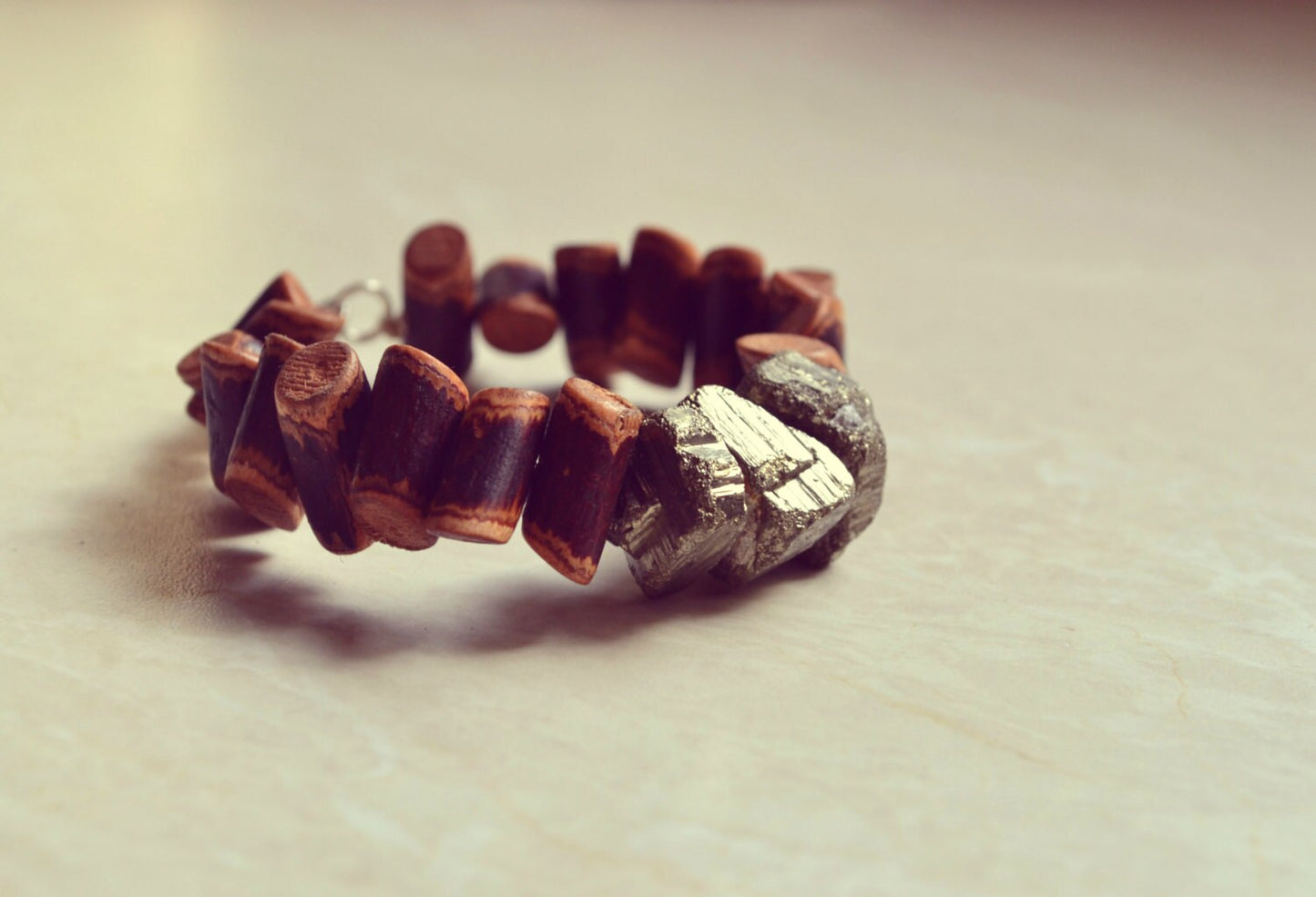 Chunky Raw Pyrite Bracelet, Natural Guava Wood Bracelet,Tribal Bracelet, Statement Bracelet, Wood Jewelry, Pyrite Jewelry