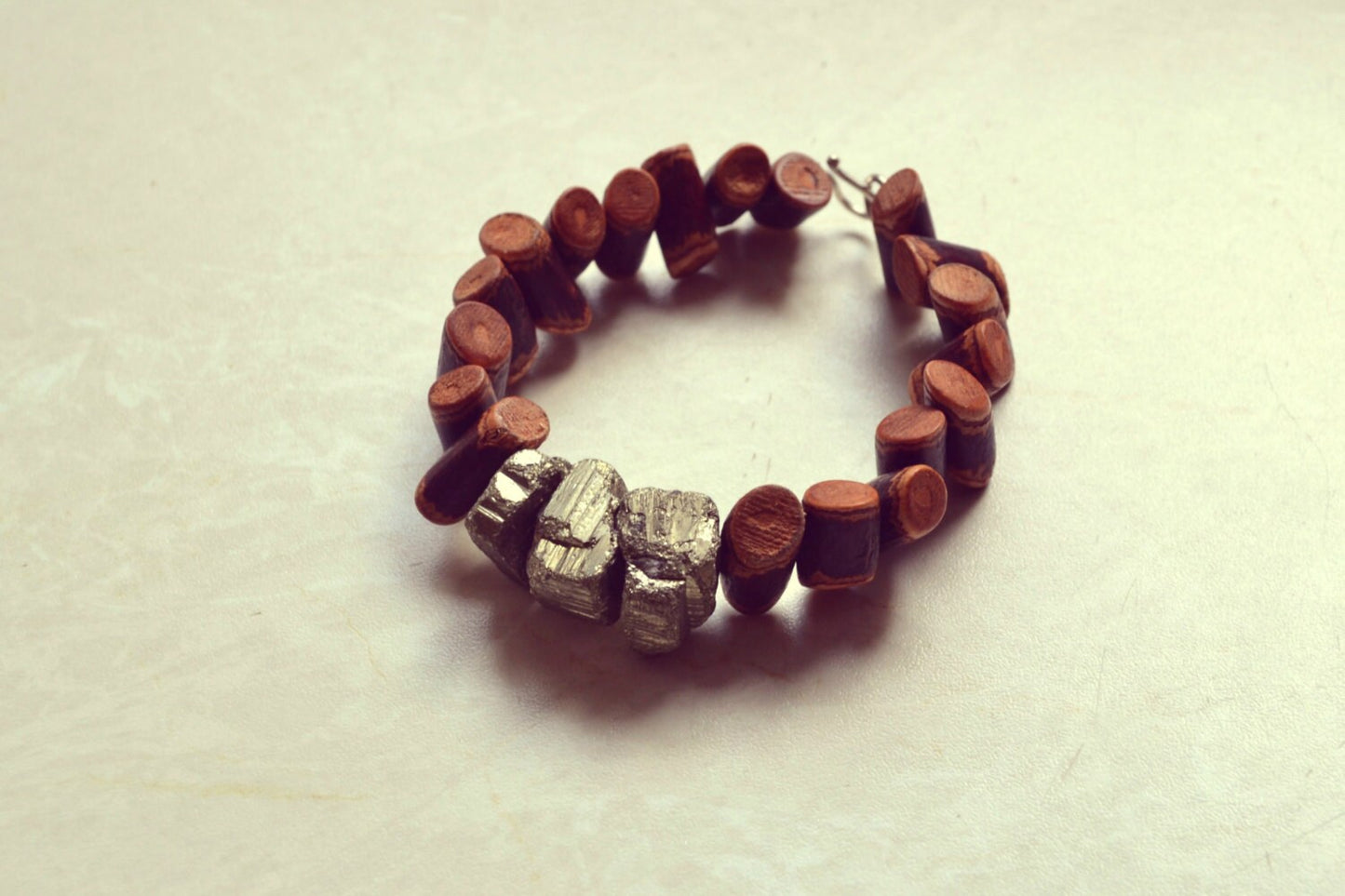 Chunky Raw Pyrite Bracelet, Natural Guava Wood Bracelet,Tribal Bracelet, Statement Bracelet, Wood Jewelry, Pyrite Jewelry