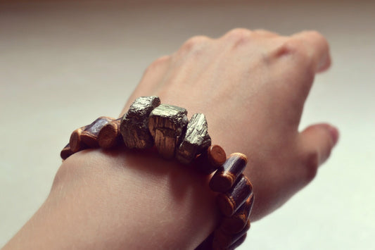 Chunky Raw Pyrite Bracelet, Natural Guava Wood Bracelet,Tribal Bracelet, Statement Bracelet, Wood Jewelry, Pyrite Jewelry