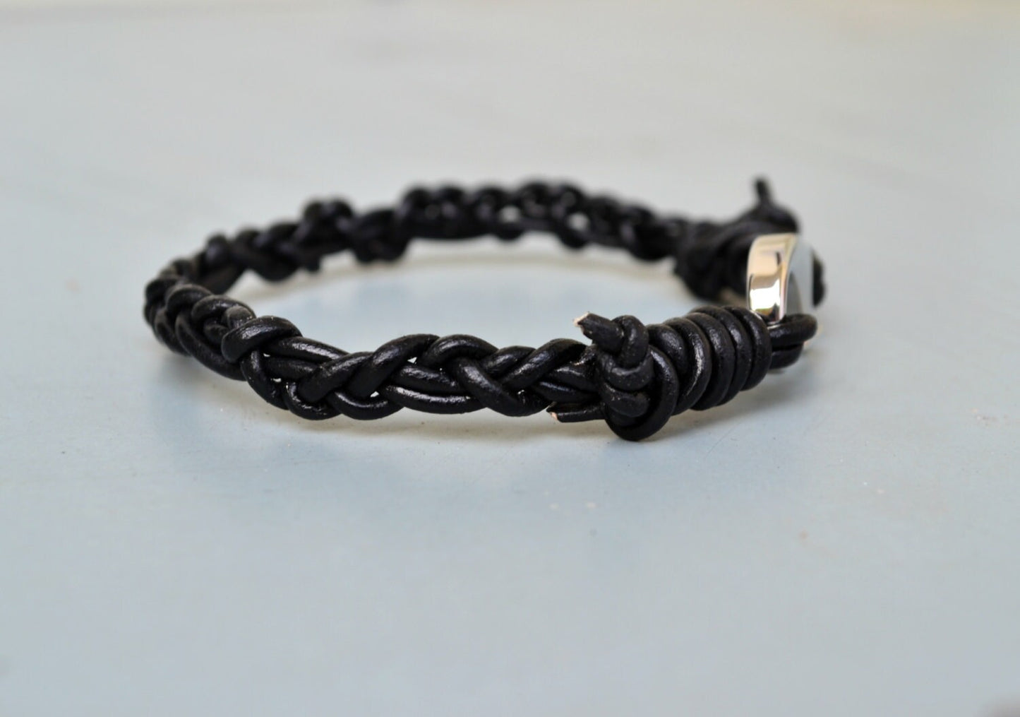 Mens Bracelet, Braided Black Leather Bracelet, Stainless Steel Silver Clasp Bracelet, Mens Leather Bracelet, Mens Jewelry, Braided Bracelet