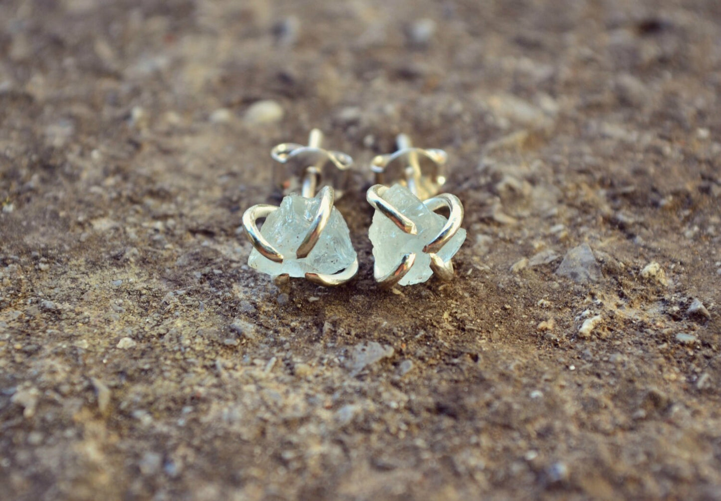 Raw Aquamarine Earrings Crystal Stud Earrings Sterling Silver Prong Claw Pale Blue Stone Earrings Chakra Gemstone