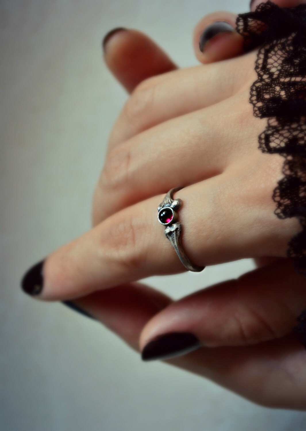 Gothic Ring, Wiccan Garnet Ring Sterling silver, Blood Moon Ring, Bone Ring, Gothic Jewelry, Bone Jewelry, Macabre Creepy Jewelry