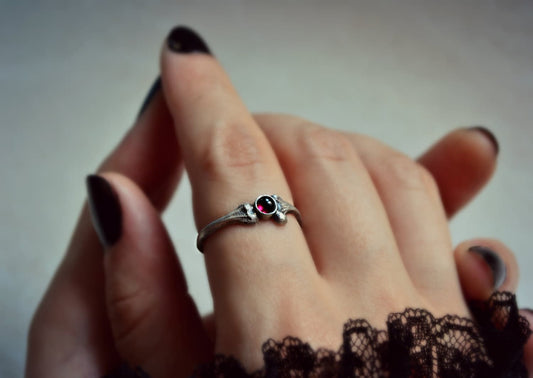 Gothic Ring, Wiccan Garnet Ring Sterling silver, Blood Moon Ring, Bone Ring, Gothic Jewelry, Bone Jewelry, Macabre Creepy Jewelry