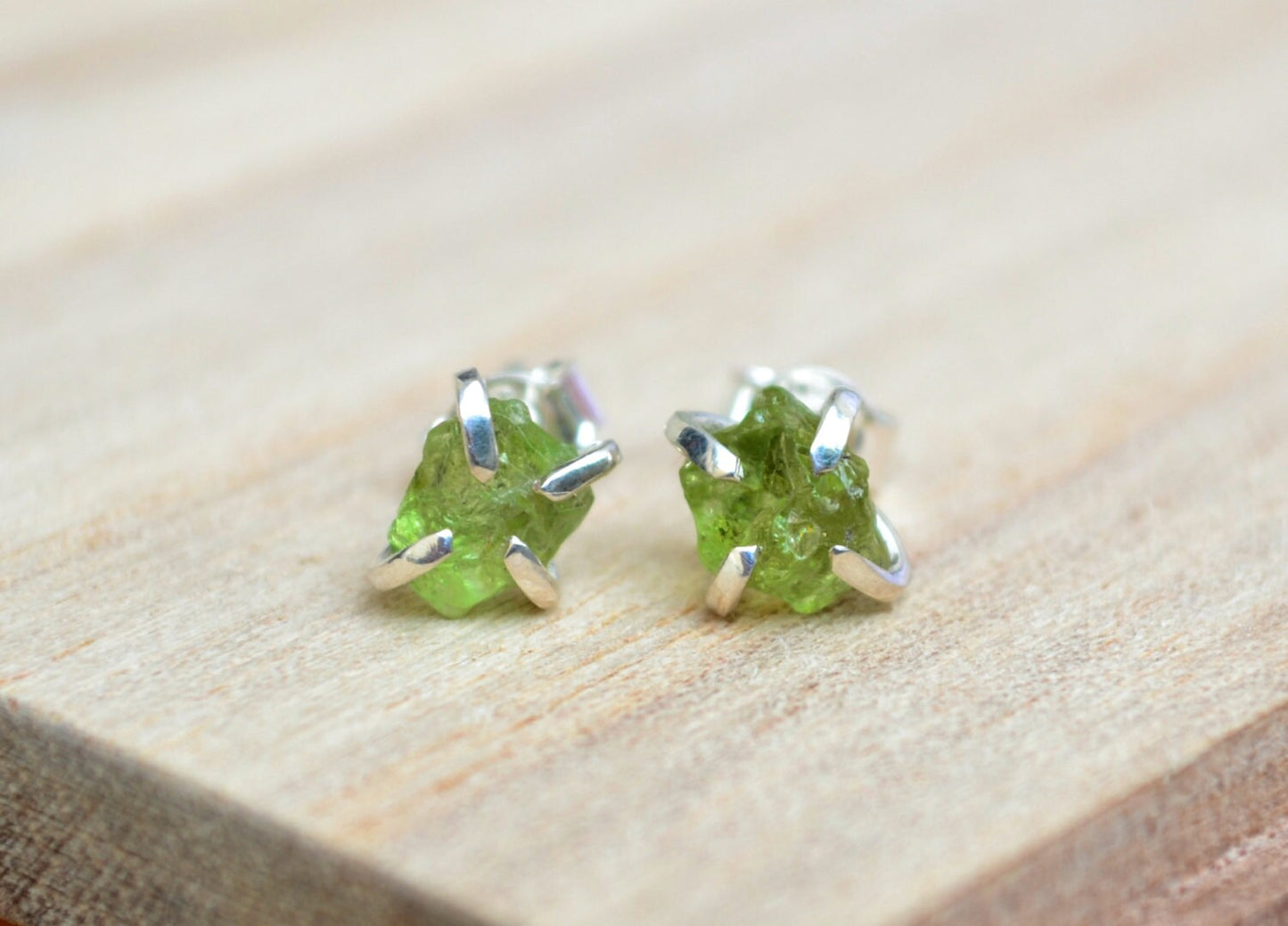 Raw Peridot Quartz Stud Earrings Sterling Silver Green Rough Stone Post Crystal Earrings