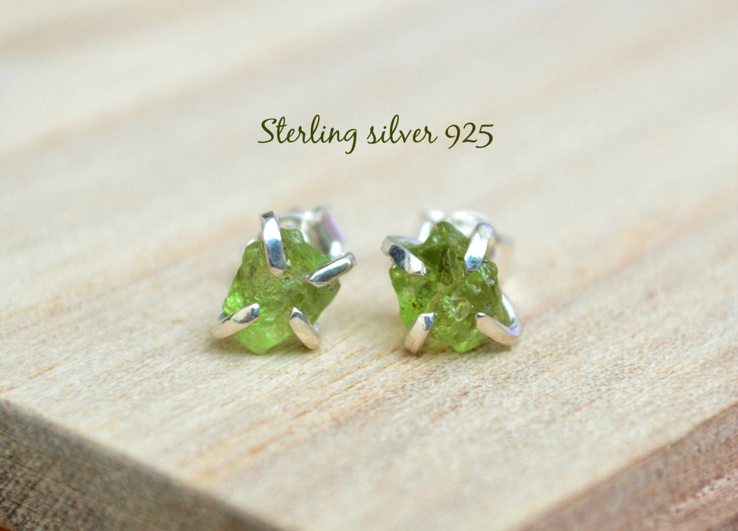 Raw Peridot Quartz Stud Earrings Sterling Silver Green Rough Stone Post Crystal Earrings