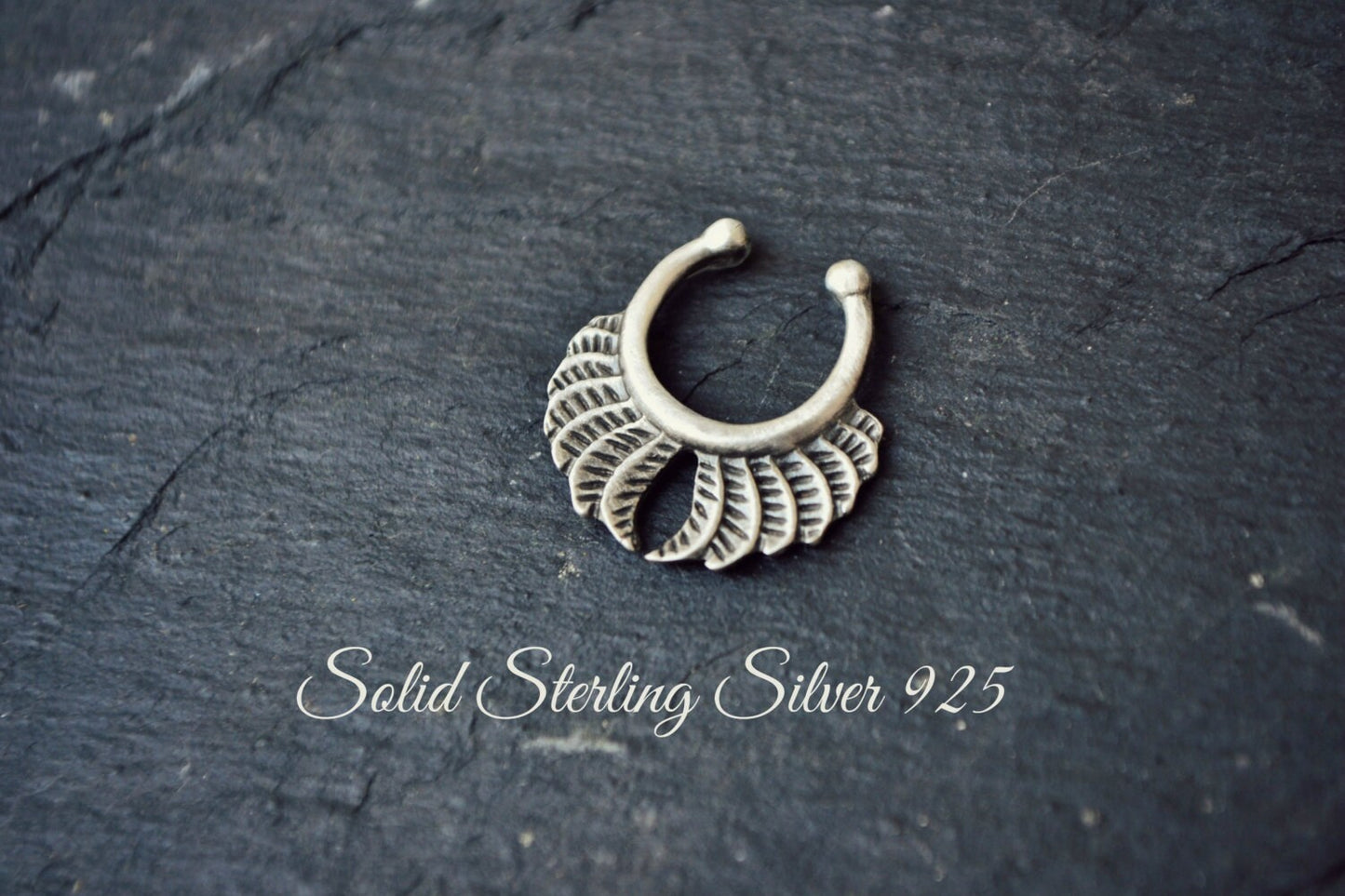 Fake Septum Ring Sterling Silver Angel Wing Feather Clip On Fake Nose Ring Septum Clicker Gothic Ring Non Piercing Body Jewelry