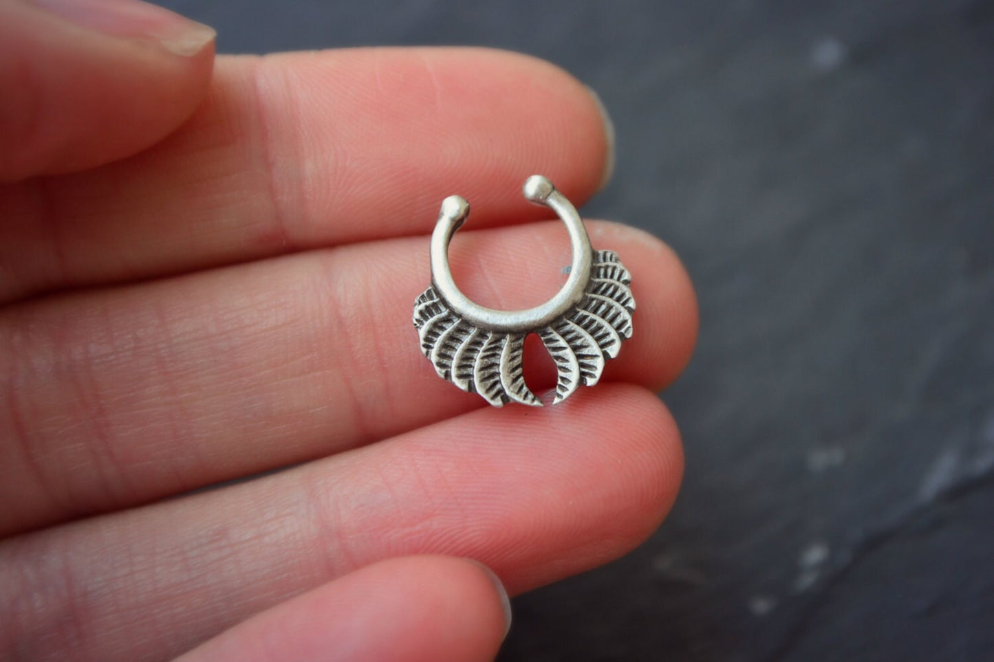 Fake Septum Ring Sterling Silver Angel Wing Feather Clip On Fake Nose Ring Septum Clicker Gothic Ring Non Piercing Body Jewelry