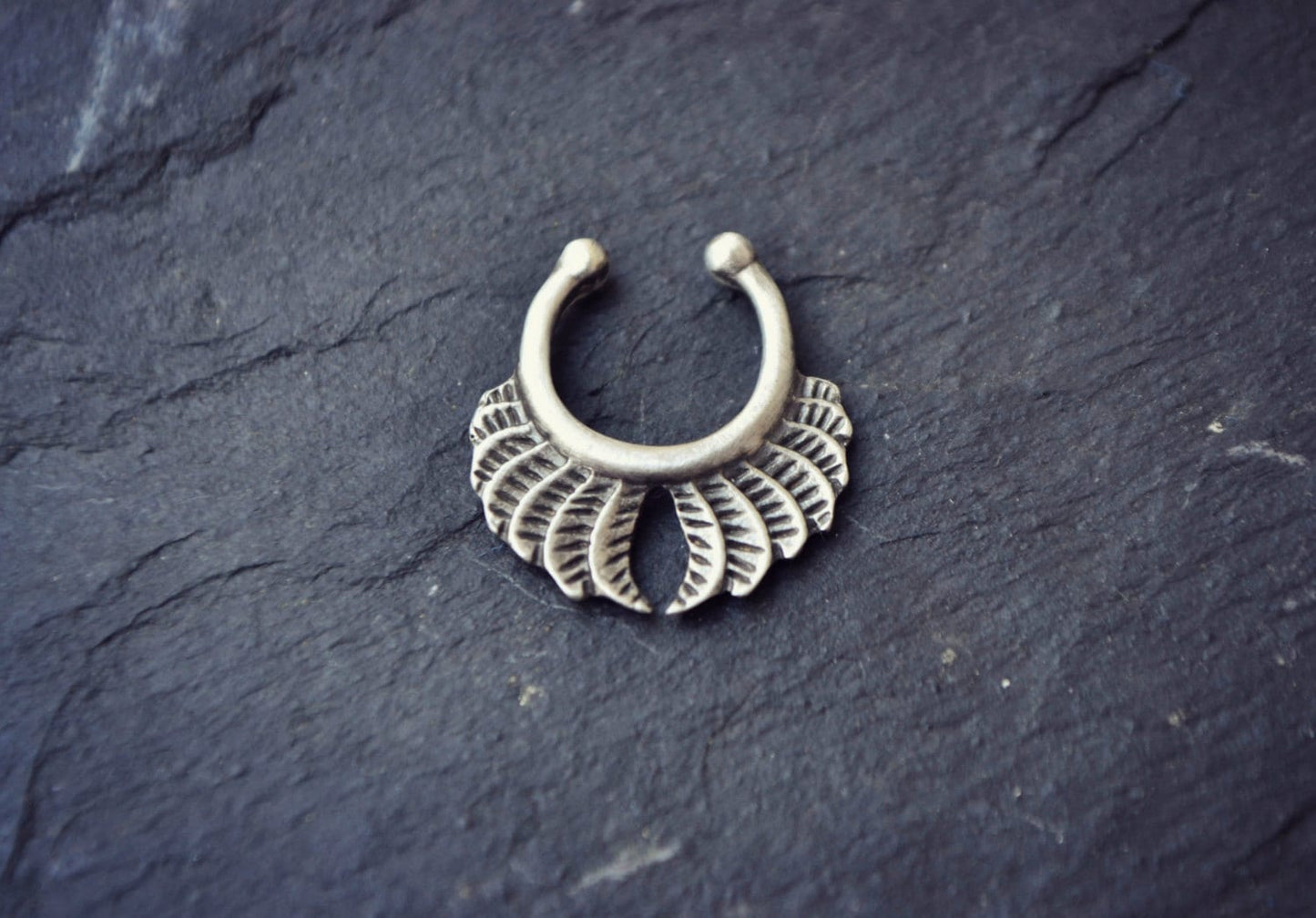 Fake Septum Ring Sterling Silver Angel Wing Feather Clip On Fake Nose Ring Septum Clicker Gothic Ring Non Piercing Body Jewelry