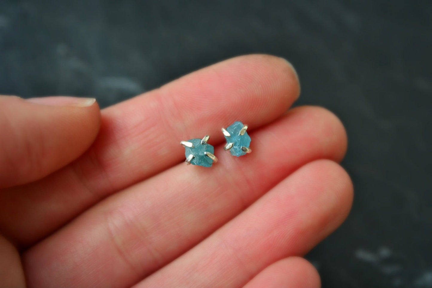 Raw Apatite Crystal Stud Earrings Rough Stone Sterling Silver Post Crystal Earrings Turquoise Aqua Blue Summer Earrings