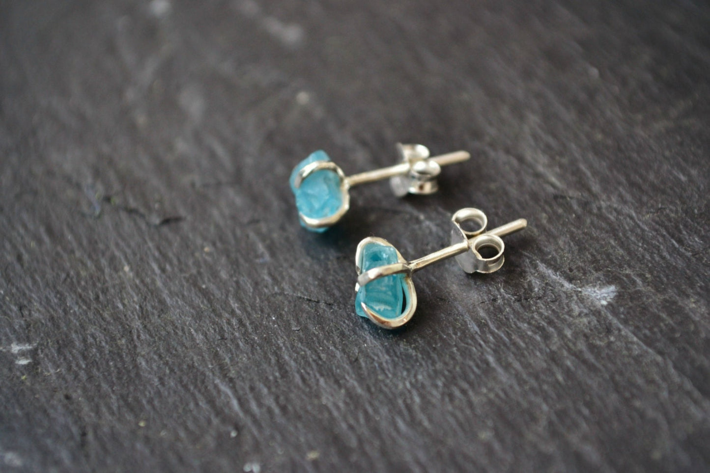 Raw Apatite Crystal Stud Earrings Rough Stone Sterling Silver Post Crystal Earrings Turquoise Aqua Blue Summer Earrings